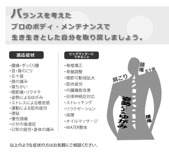 ビッグマッサータハラ 適応症状